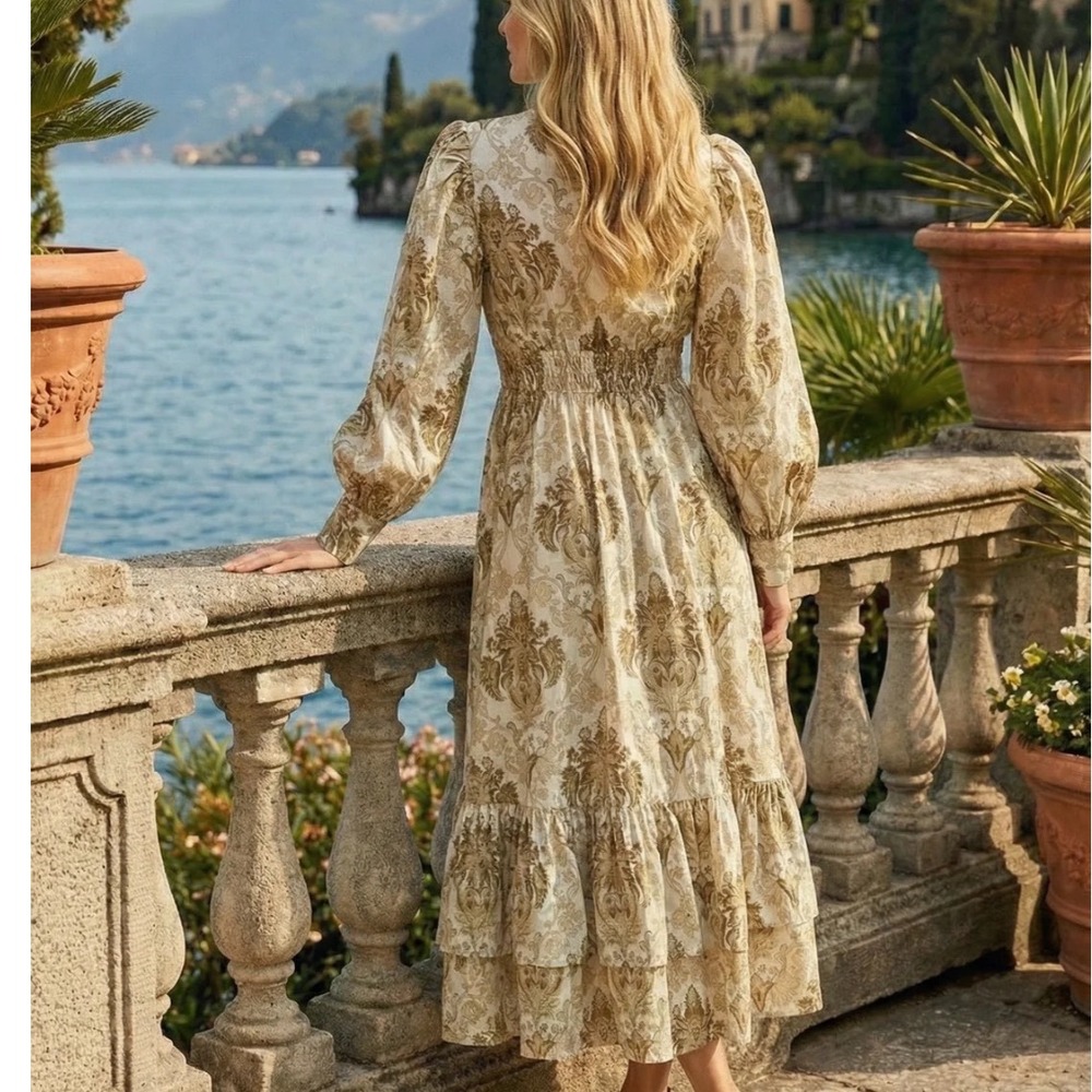 Trish Scully islanDamask Cotton Linen Midi Dress Cream V-Neck Puff Sleeve Boho s - Picture 3 of 15